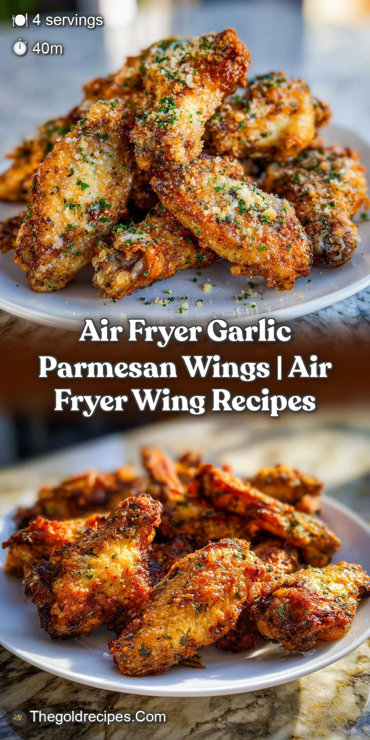 Close-up of juicy air fryer chicken wings, coated in golden parmesan, showing off a crispy texture and savory garlic seaso...