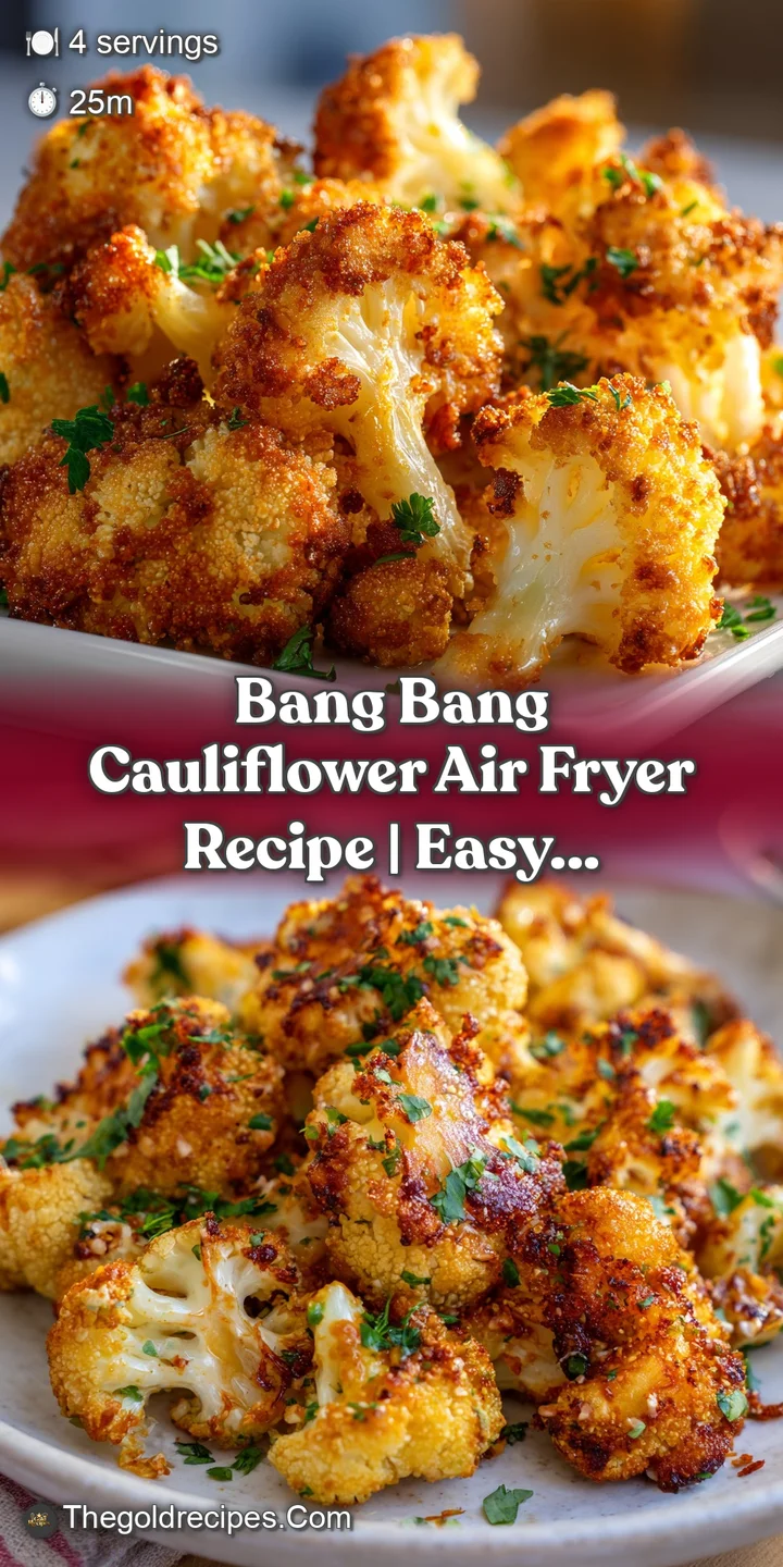 Close-up of glossy bang bang cauliflower, the crispy texture visible through the tangy sauce, with hints of fresh green he...