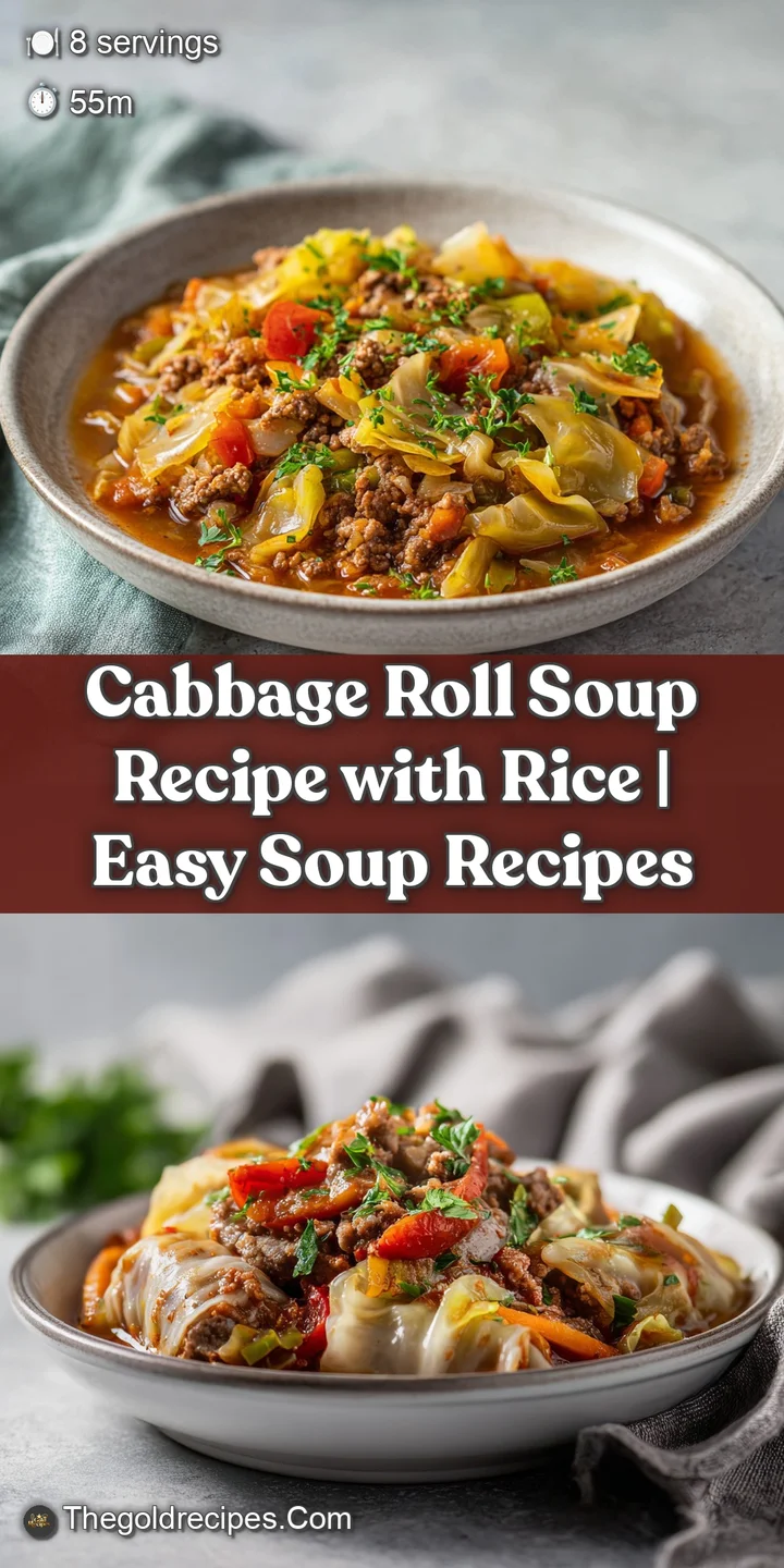 Close-up of cabbage roll soup showcasing tender shredded cabbage, plump rice, and a flavorful broth with visible spices.