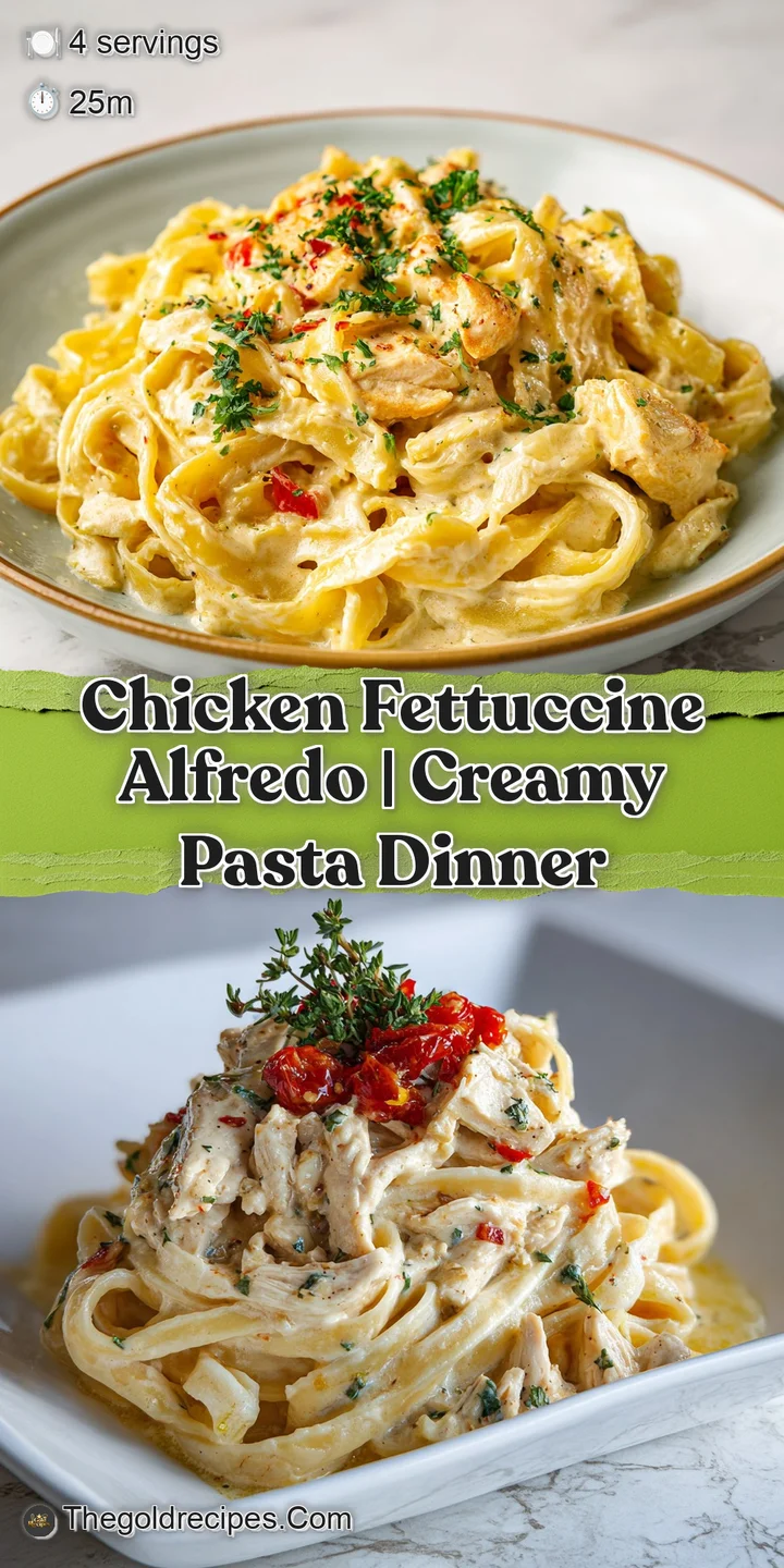 Close-up of chicken fettuccine alfredo. Creamy, smooth sauce coats the perfectly cooked pasta. Tender chicken pieces are v...
