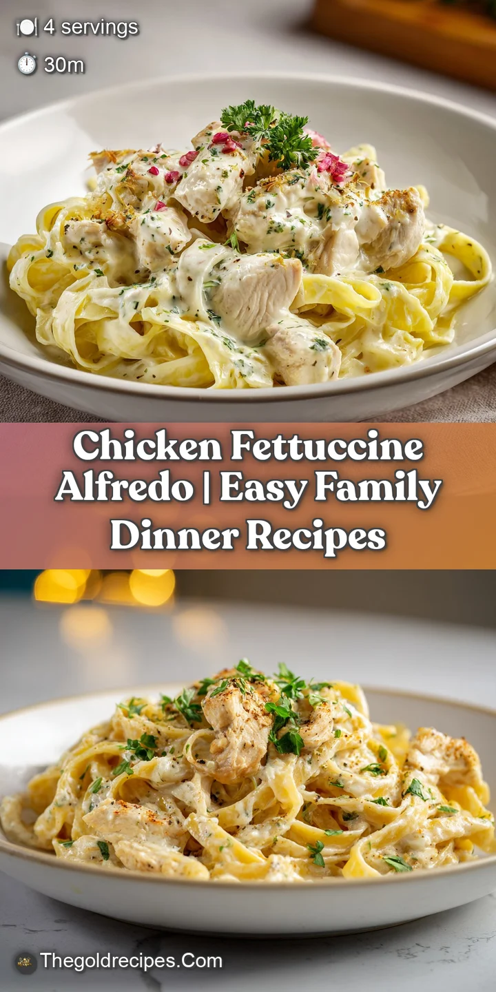 Close-up of al dente fettuccine coated in luscious, thick Alfredo sauce, with succulent chicken chunks visible.