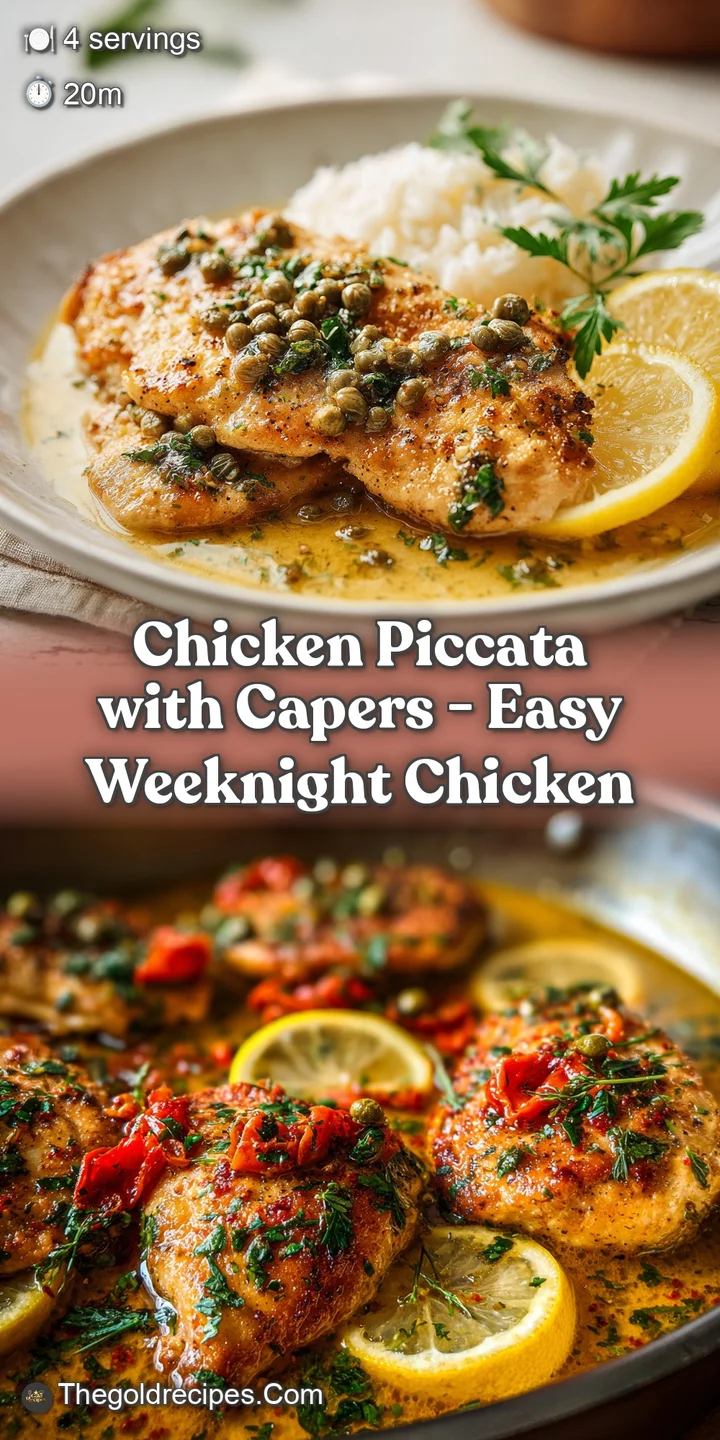 Close-up of tender chicken piccata, showcasing the vibrant yellow sauce, bright green parsley, and salty capers. A delicio...
