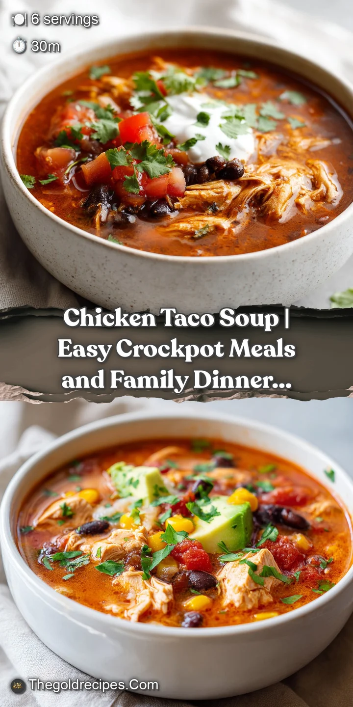 Close-up of a rich, brothy chicken taco soup, showcasing tender chicken pieces, bright corn kernels, and savory beans.