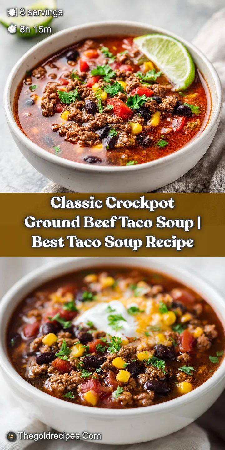 Close-up of rich, chunky taco soup with visible ground beef crumbles and bright kernels of corn, glistening with broth.