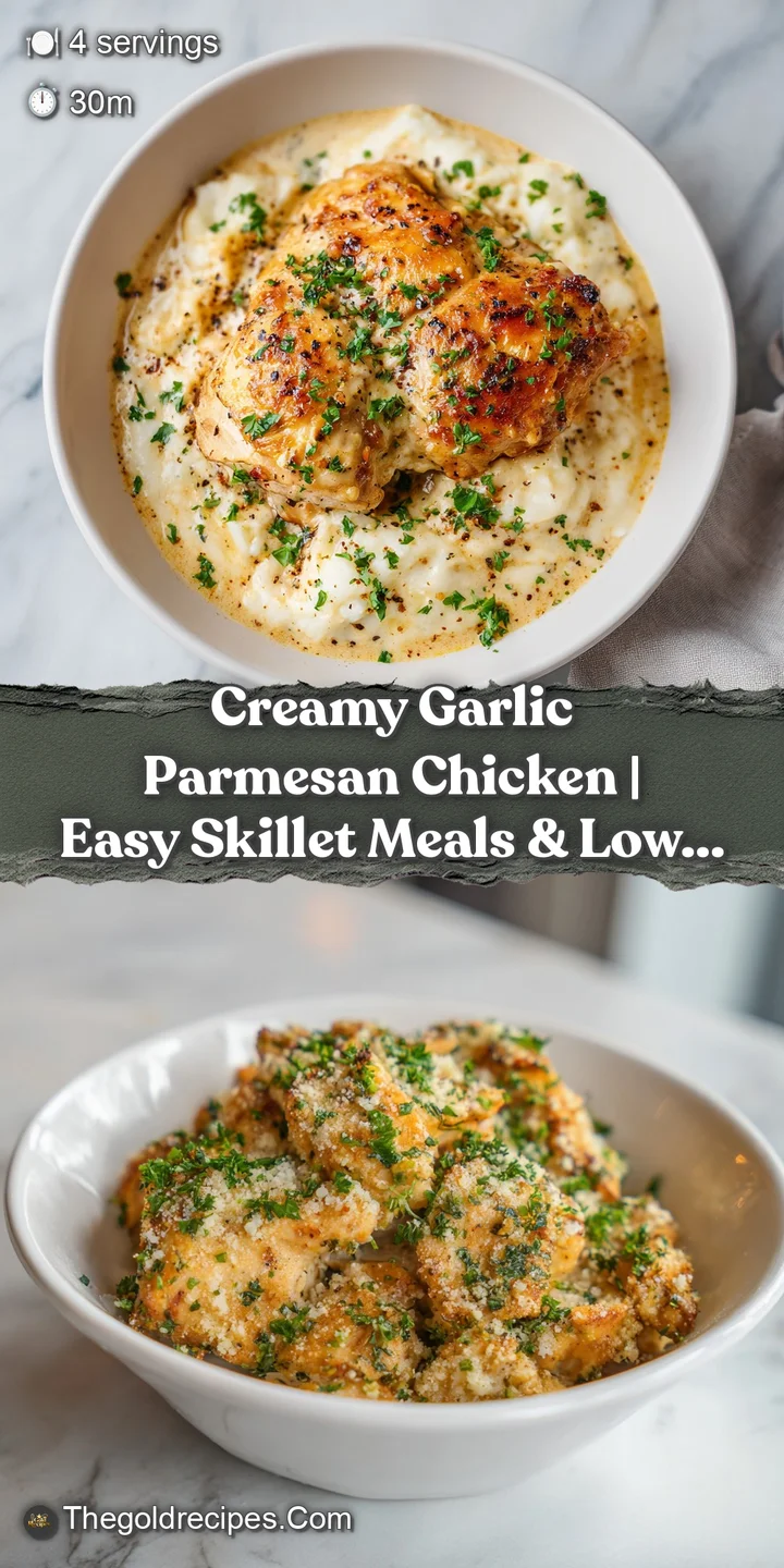 Close-up of juicy, seared chicken coated in velvety garlic parmesan sauce with flecks of herbs.