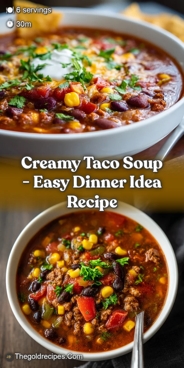 Close-up of creamy taco soup: ground beef, beans, and corn swimming in a luscious, textured broth with melted cheese threads.