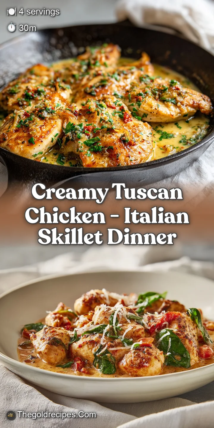 Close-up of Creamy Tuscan Chicken; tender chicken breast simmered in a velvety sauce with sun-dried tomatoes, spinach, and...