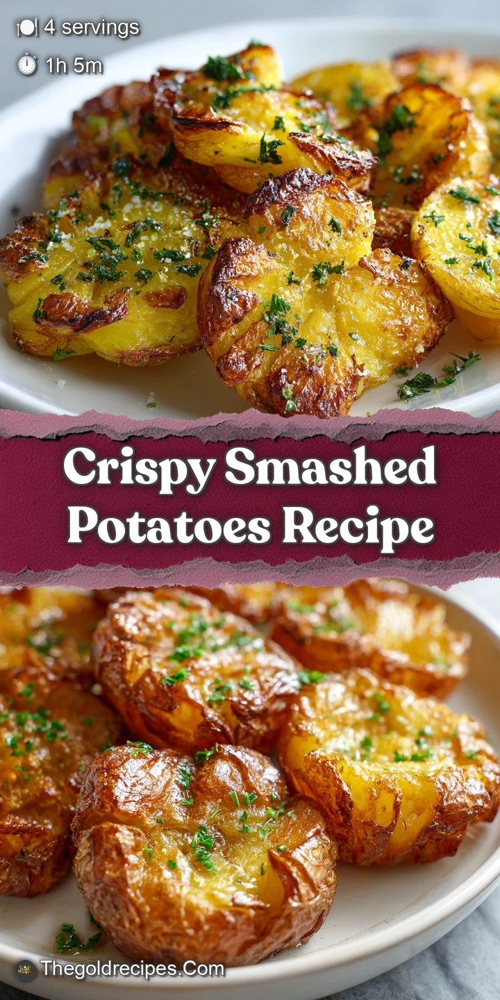 Close-up of a crispy smashed potato, glistening with olive oil and sprinkled with vibrant green herbs and flaky sea salt c...