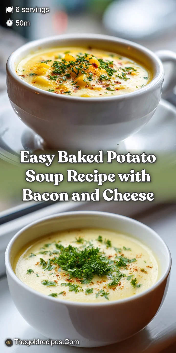 Close-up of rich, creamy potato soup swirled with melted cheddar, studded with smoky bacon bits and bright green chives.