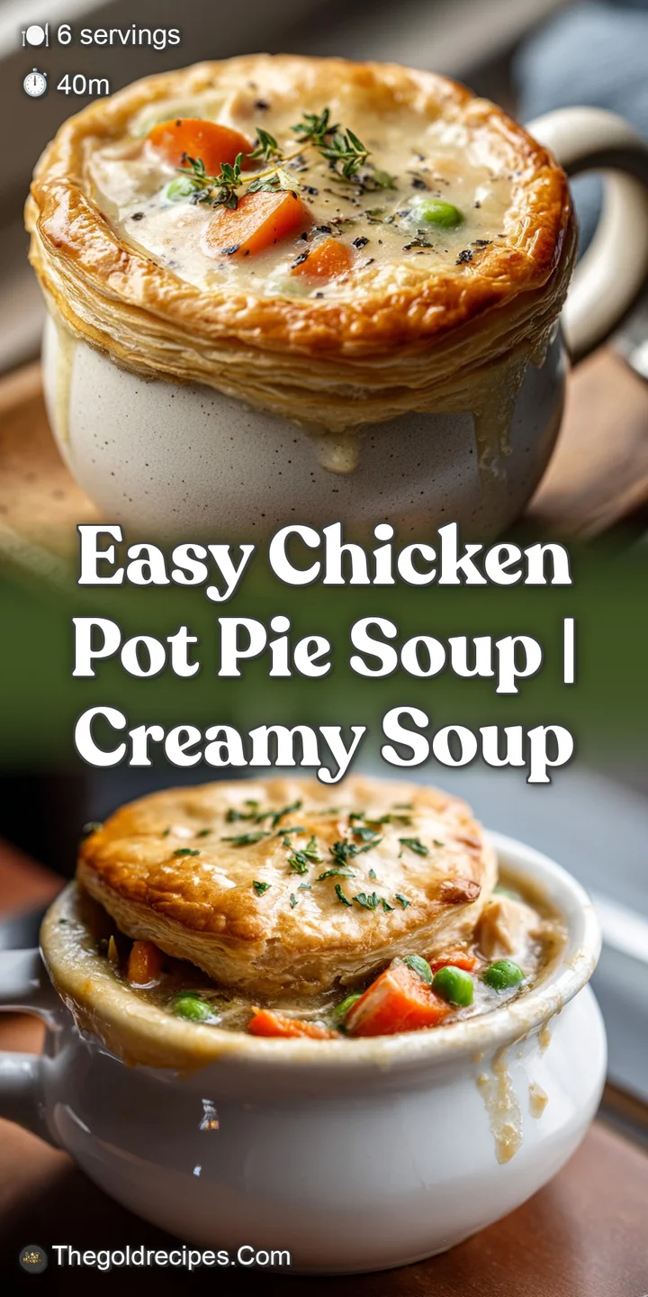 Close-up of rich, comforting soup showing tender chicken, soft vegetables, and a delicious, buttery, golden crust.