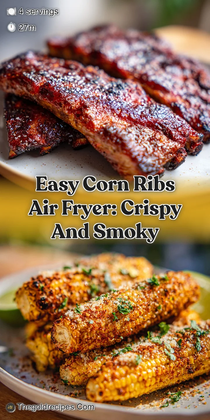 Close-up of air-fried corn ribs, showcasing their curled shape and caramelized kernels with a dusting of chili flakes.