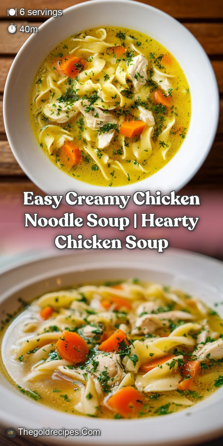 Close-up of creamy chicken noodle soup: glistening noodles, succulent chicken, and bright herbs floating in a rich, inviti...