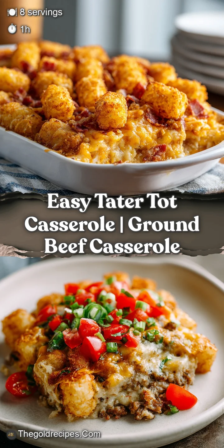 Close-up reveals the golden-brown, crunchy texture of tater tots nestled in a cheesy, creamy filling with savory flecks.