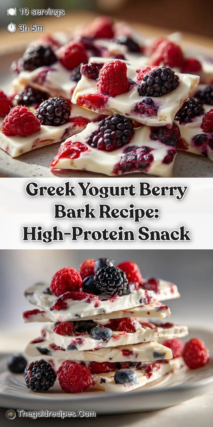 Close-up reveals the frosty texture of the yogurt bark with bursts of color from the bright blueberries and raspberries fr...