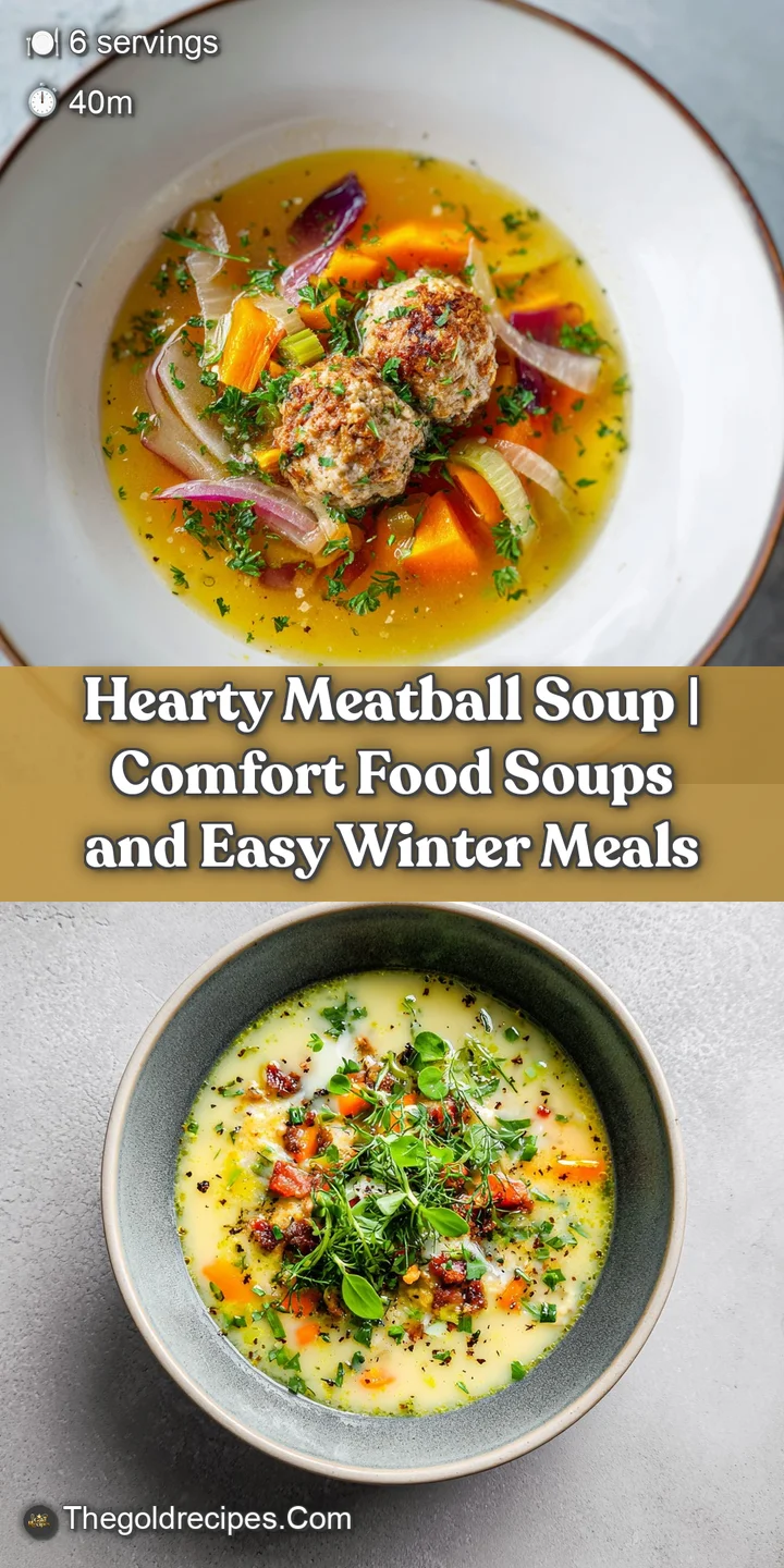 Close-up of juicy, browned meatballs nestled in a savory broth with tender pasta and herbs.