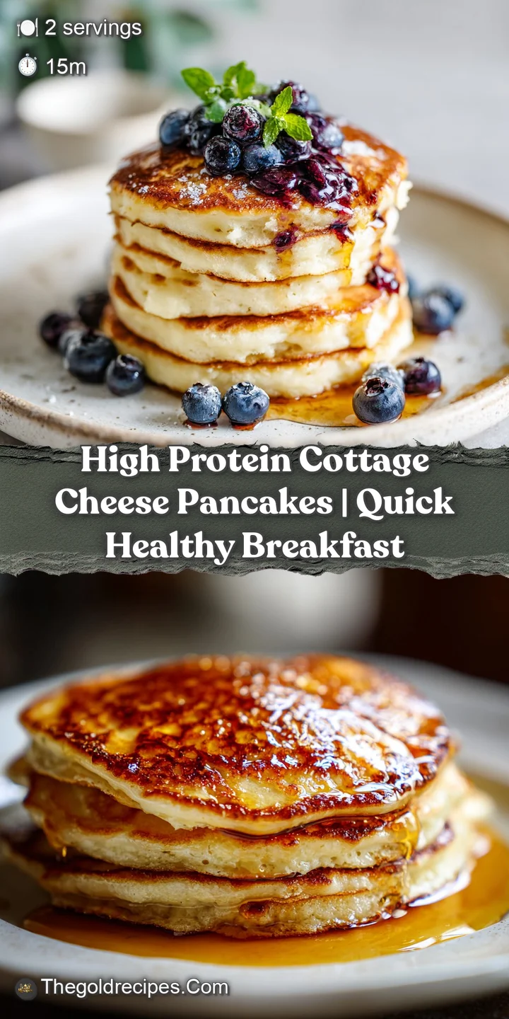 Close-up of a pancake stack, showcasing the airy texture and creamy cottage cheese against a background of juicy blueberries.
