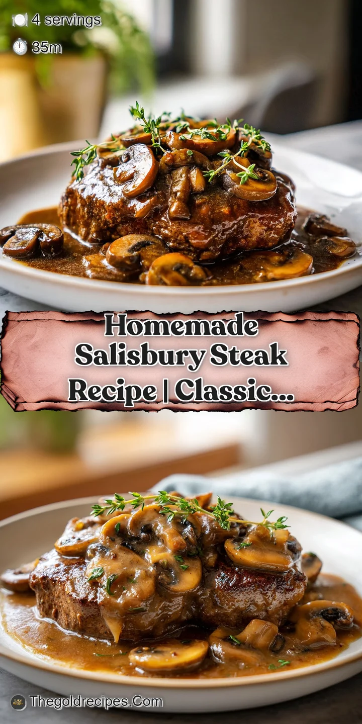 Close-up of a juicy Salisbury steak drenched in savory mushroom gravy. Textural contrast of browned meat and the sauce's s...