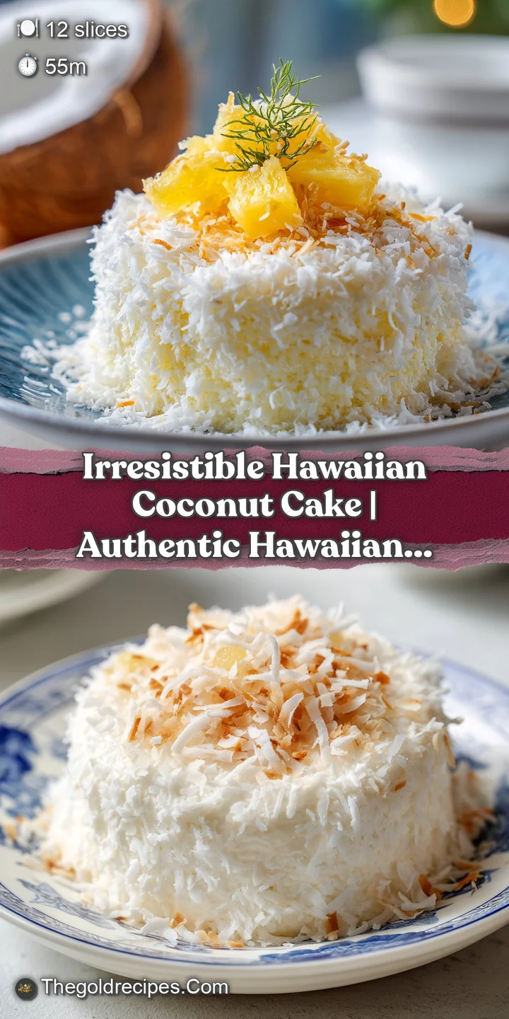 Extreme close-up of moist, airy cake layers and rich, creamy coconut frosting topped with toasted shreds.