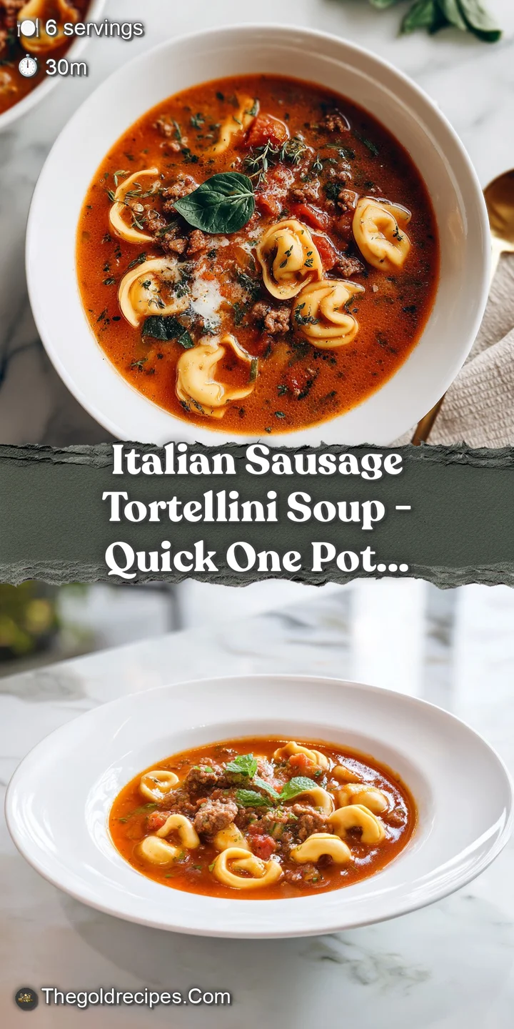 Close-up of plump cheese tortellini and savory sausage swirling in a creamy tomato broth, promising a delicious, satisfyin...