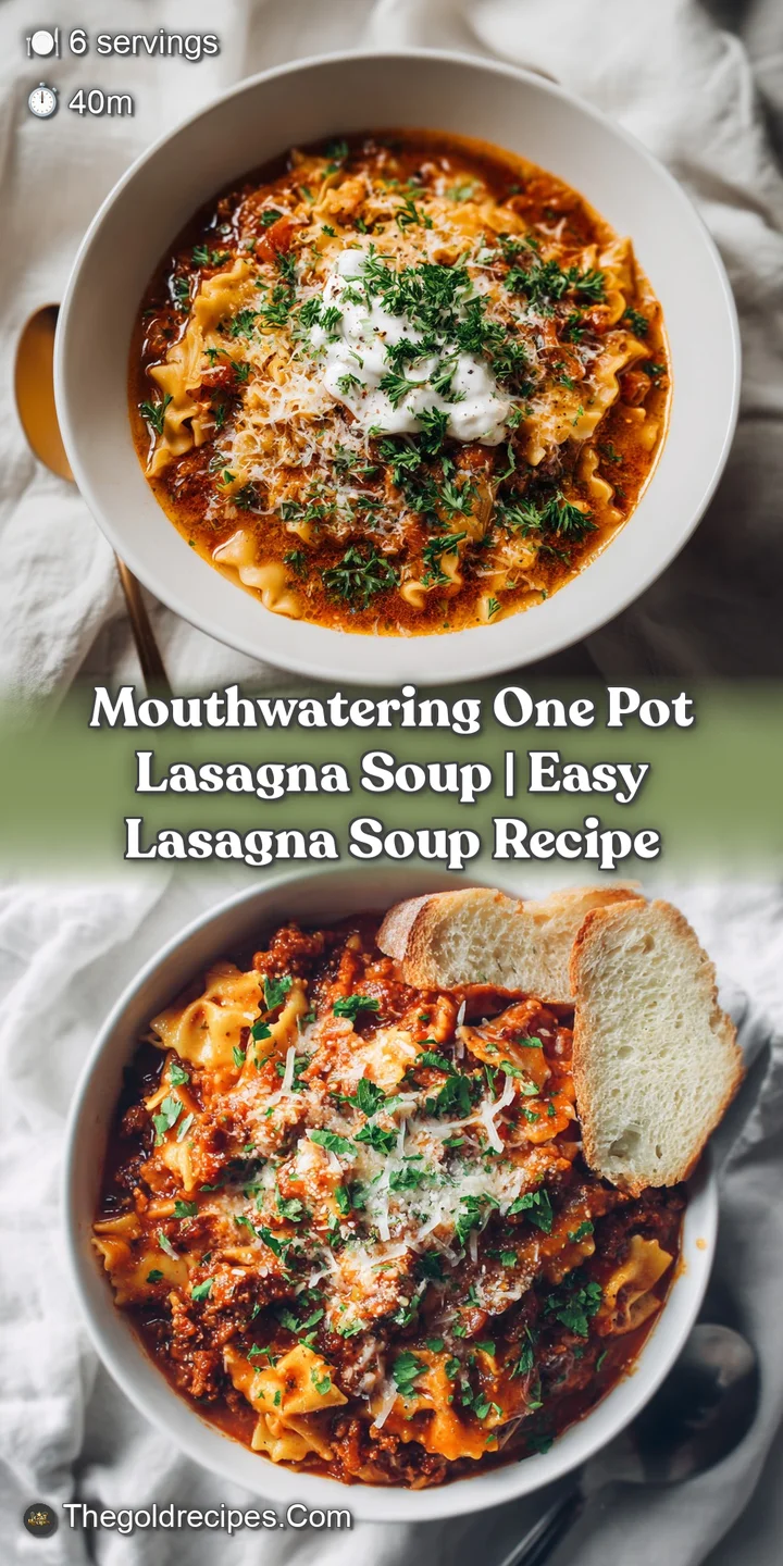 Close-up of bubbling lasagna soup, showing layers of pasta, savory meat, and melted mozzarella.