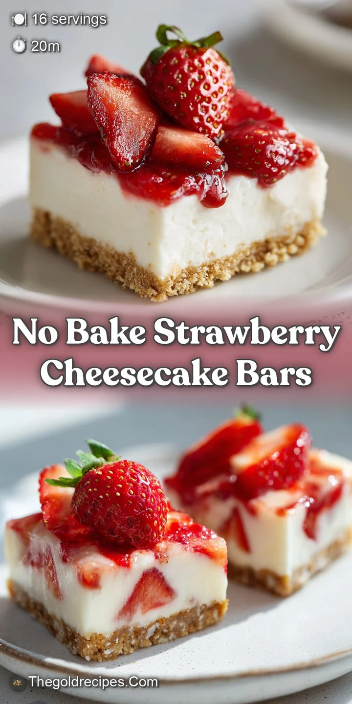 Close-up view of a no-bake cheesecake bar with a creamy texture, bright strawberry ribbons, and a golden graham cracker base.