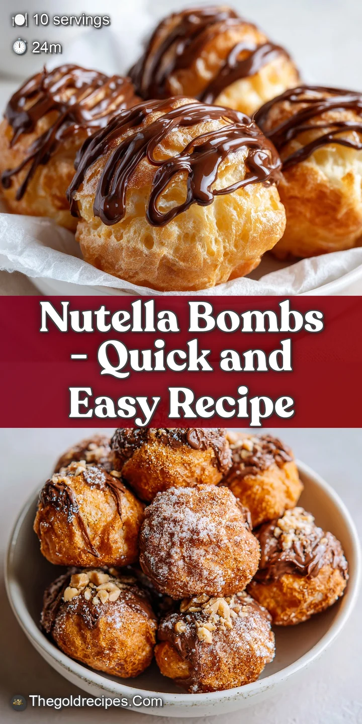 A close-up of a cracked Nutella bomb, showing a rich, molten chocolate hazelnut filling oozing out.