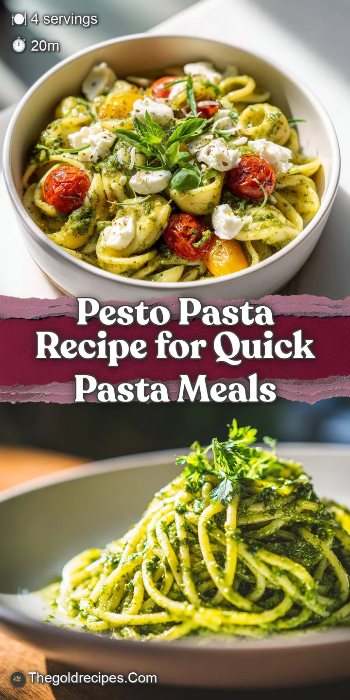 Close-up of glossy pesto clinging to twirls of pasta. Sun-dried tomatoes add bright pops of red, basil hints at freshness.