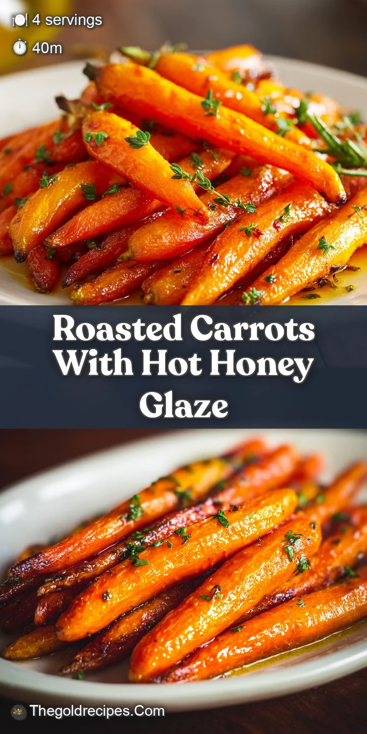 Close-up shows the caramelized, slightly wrinkled texture of roasted carrots, glistening with a tantalizing hot honey glaz...