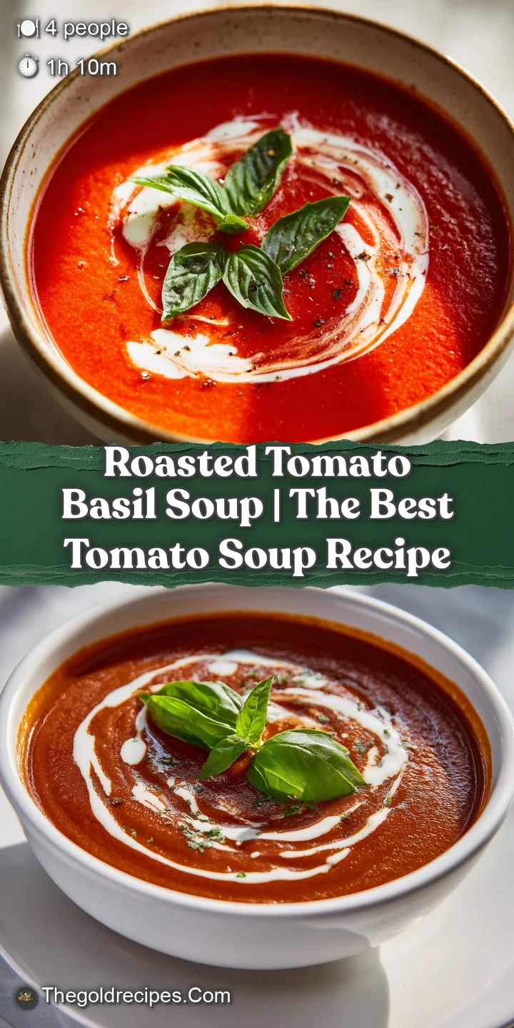 Close-up of velvety red soup showing a creamy white swirl and a bright green basil leaf floating on the surface.