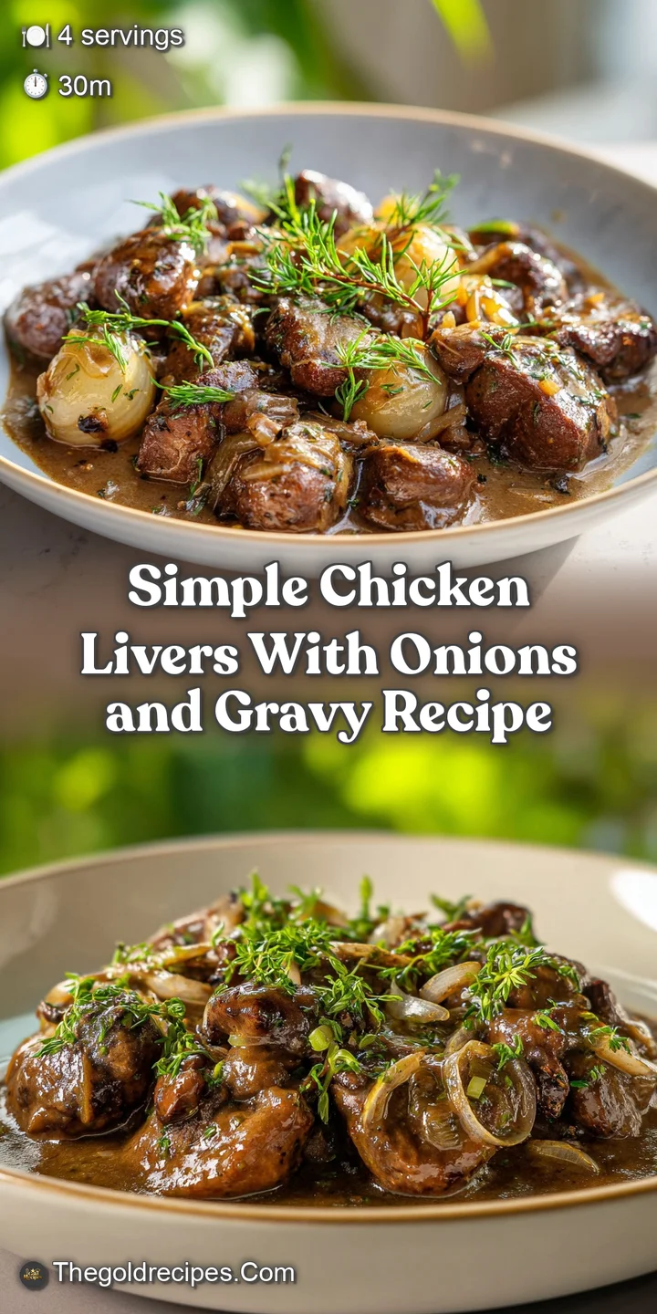 Close-up showcasing the glossy sheen of chicken livers bathed in decadent gravy. Saut&eacute;ed onions add a touch of sweetness, ...