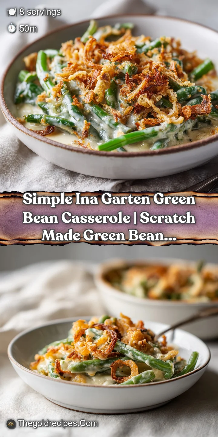 Close-up of bright green beans coated in creamy sauce, nestled under a pile of golden fried shallots.