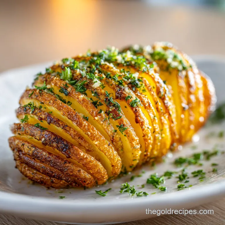 Elegant Hasselback potato, nestled on a white plate, its crispy layers drizzled with sauce and garnished with fresh herbs.