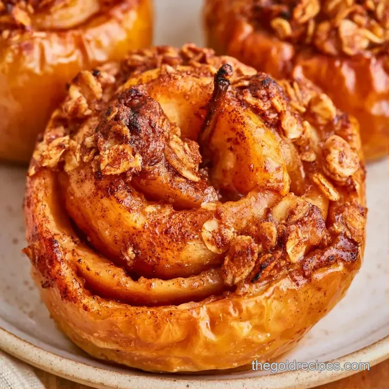 Soft, cinnamon-dusted fruit on a white porcelain plate, finished with a glossy caramel drizzle and mint leaf.