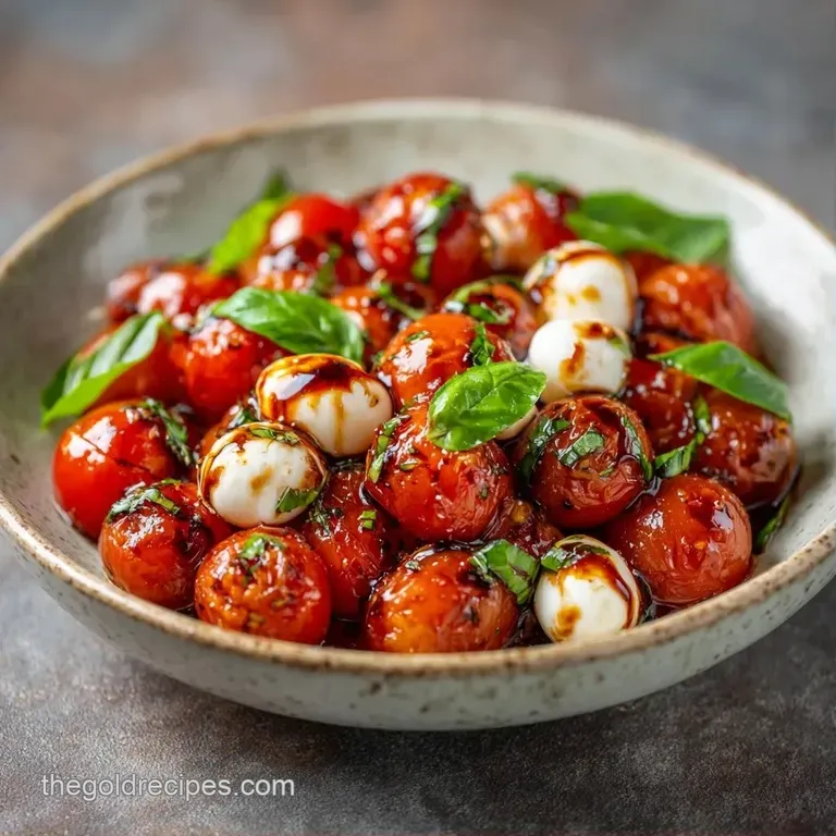 Red cherry tomatoes and pearl mozzarella on skewers, drizzled with dark syrup on a clean white ceramic platter.