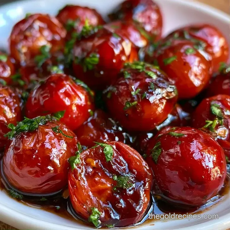 Vibrant red blistered tomatoes drizzled with a rich syrup, garnished with fresh green herbs on a slate plate.
