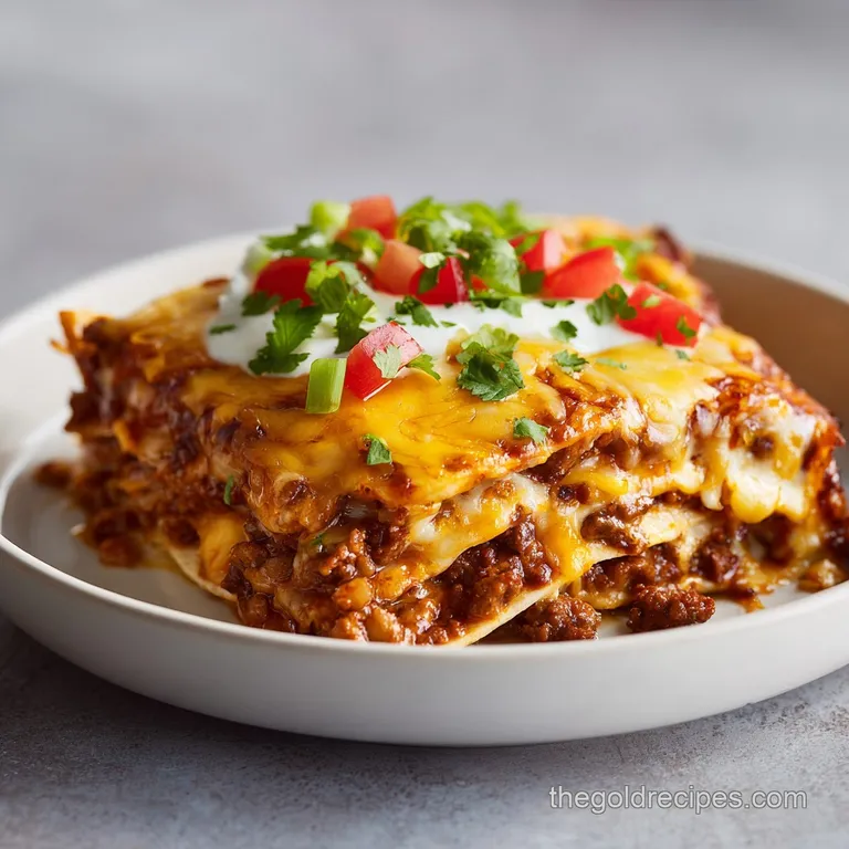 A square slice of cheesy beef bake on a white plate, garnished with a dollop of cream and sliced green onions.