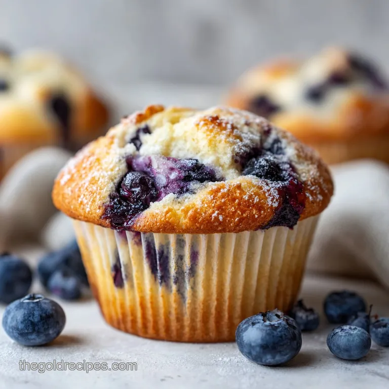 A stack of fluffy blueberry muffins dusted with powdered sugar on a white plate.
