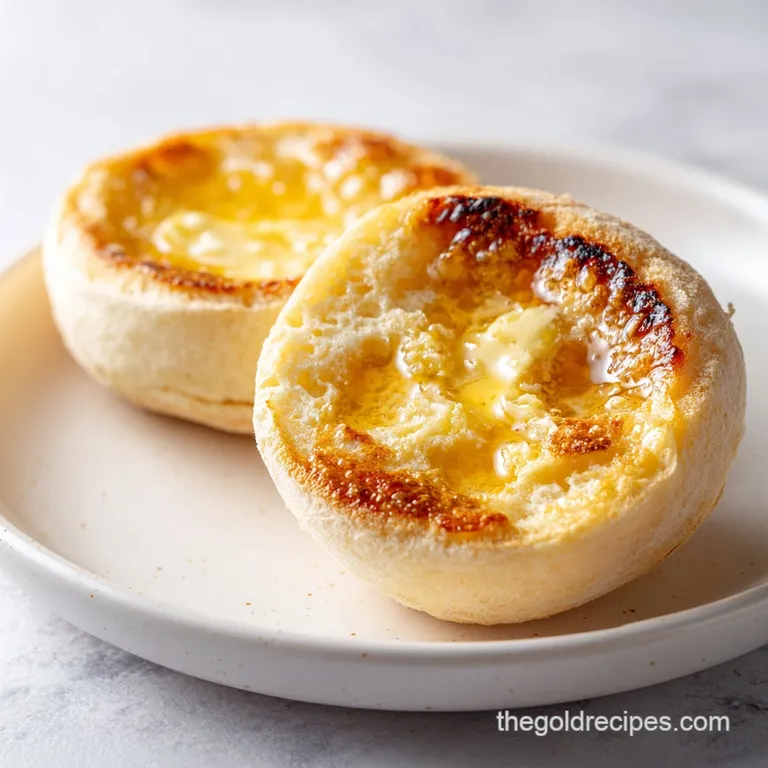 Golden toasted muffins stacked on a white ceramic plate, served with a side of creamy butter and a linen napkin.