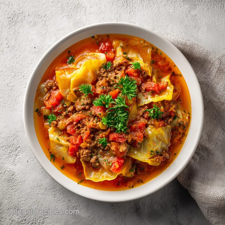 Rustic bowl filled with steaming cabbage roll soup; vibrant green cabbage contrasts with the rich, reddish broth. Garnish ...