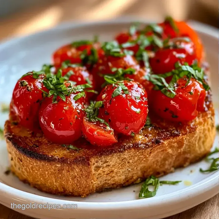 Slices of crisp toasted baguette topped with vibrant red tomatoes and fresh green basil on a white ceramic plate.
