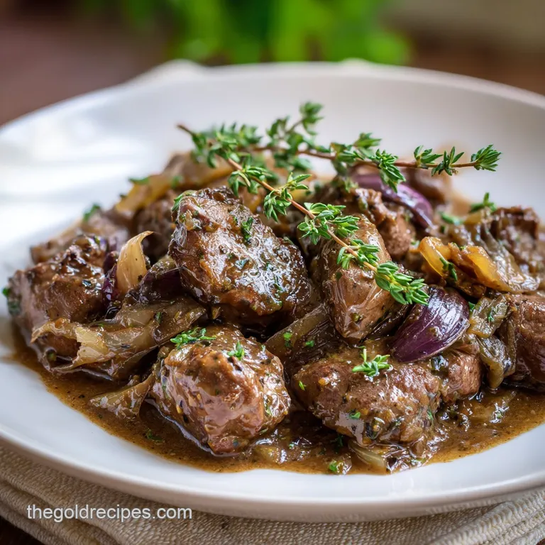 Glistening chicken livers and soft onions draped in gravy, artfully arranged on creamy mashed potatoes. Fresh parsley prov...