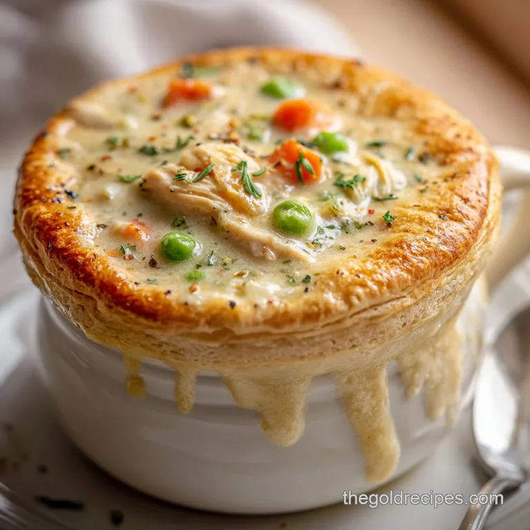 Elegant bowl of steaming, thick soup with flaky pastry topping, garnished with fresh parsley and a swirl of cream.