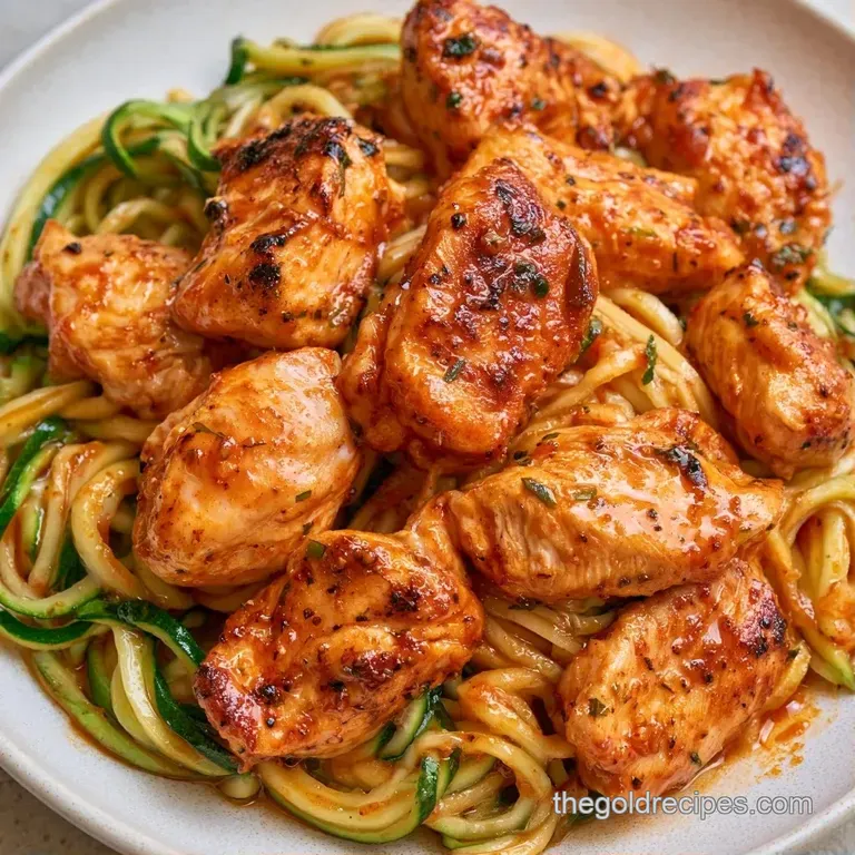 Tender chicken chunks and bright green zucchini noodles plated in a white bowl with a sprinkle of parmesan.