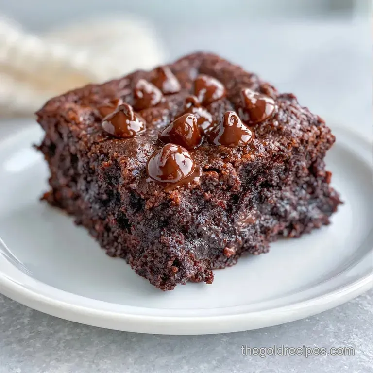 Rich dark chocolate square on a white ceramic plate, drizzled with melted chocolate and a sprinkle of sea salt.