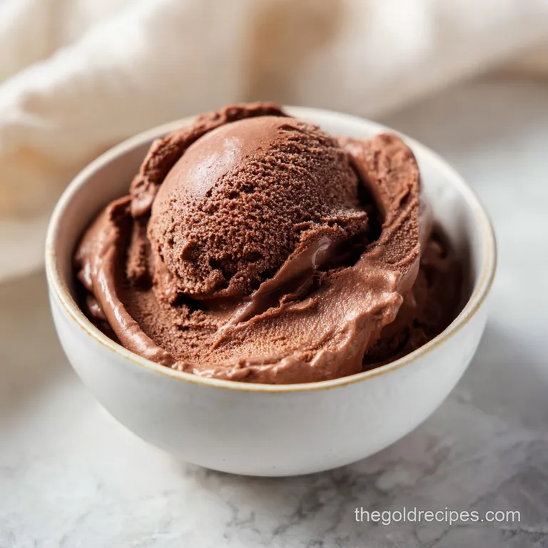 A scoop of frozen dark chocolate dessert melting slightly in a clear glass, dusted with cocoa powder, elegant and delicious.