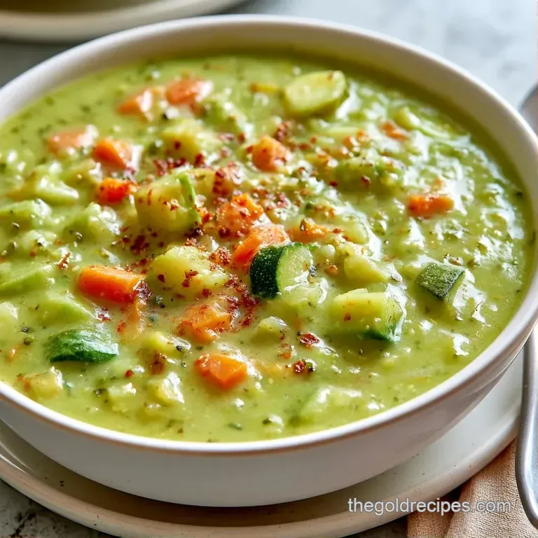 A minimalist white bowl of green vegetable soup drizzled with gold olive oil and topped with a fresh parsley sprig.
