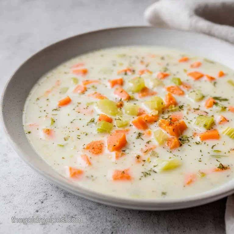 A white bowl of creamy potato soup on a rustic wooden table beside toasted crusty bread and a polished silver spoon.