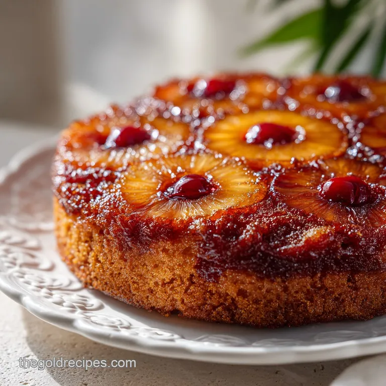 A moist slice of pineapple cake with glistening caramel, served warm on a white plate.