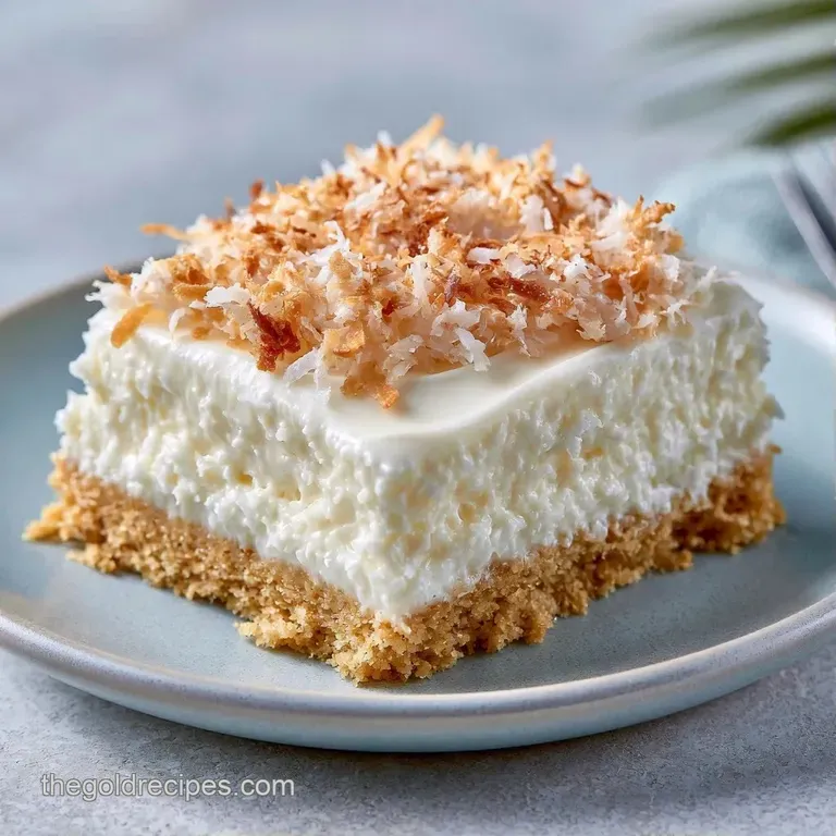 Square dessert bars arranged on a marble platter, topped with a sprinkle of toasted coconut and fresh mint leaves.