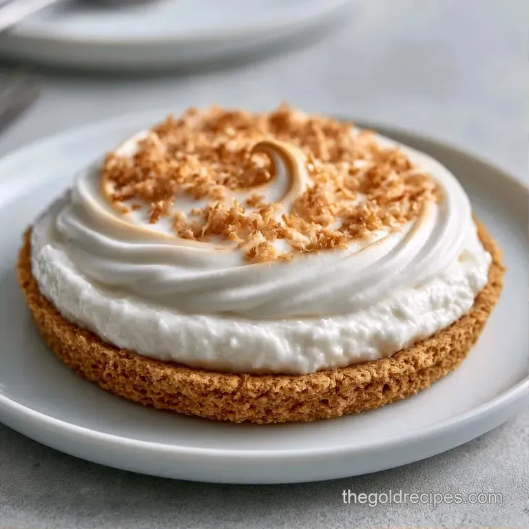 Neat squares of layered cream dessert on a white ceramic platter, topped with toasted coconut and a mint leaf.